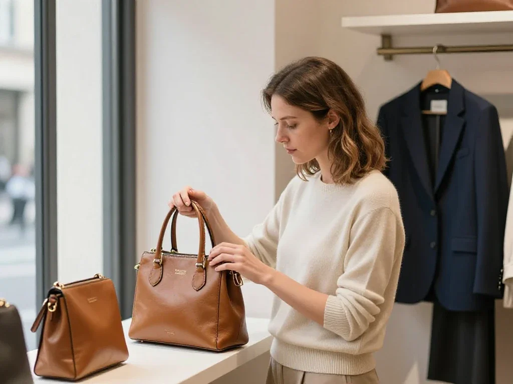 Femme française choisissant un sac en cuir de qualité dans une boutique au design épuré.