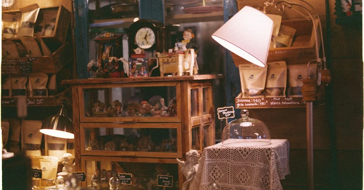 Café au style vintage chaleureux avec une décoration rustique et un éclairage ambiant.